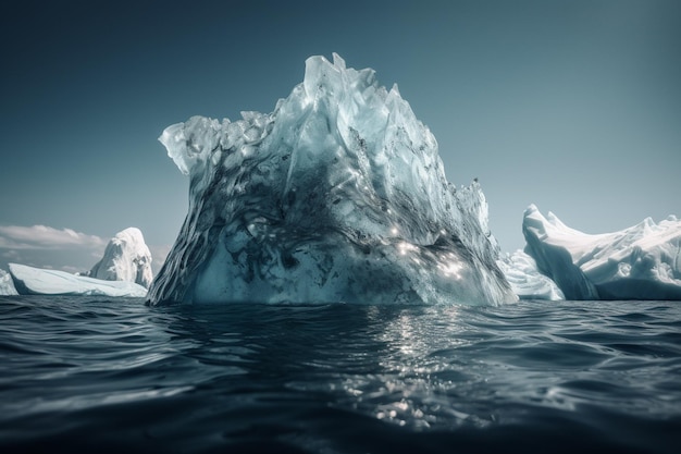 An iceberg is floating in the water and the water is blue.