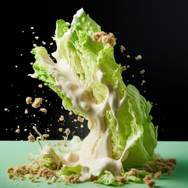 Iceberg lettuce leaf immersed in Caesar dressing with splashes and waves