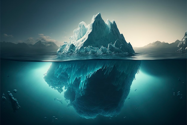 Iceberg in the ocean with a view under water Big white iceberg underwater