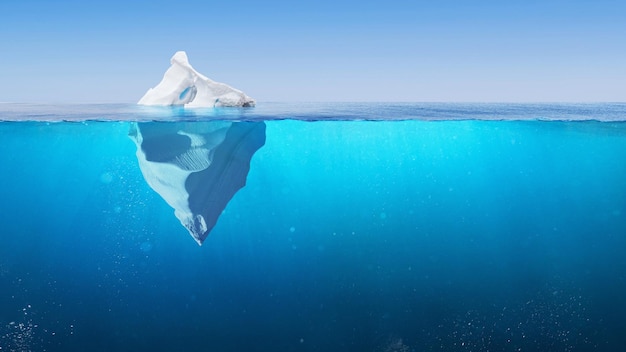 Iceberg plastic bag with a view under the water Pollution of the oceans Plastic bag environment pollution with iceberg The tip of the iceberg and a plastic bag full of trash