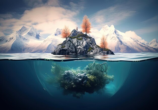 Photo an iceberg sitting in ocean covered by mountains and seaweed in the style of surrealistic