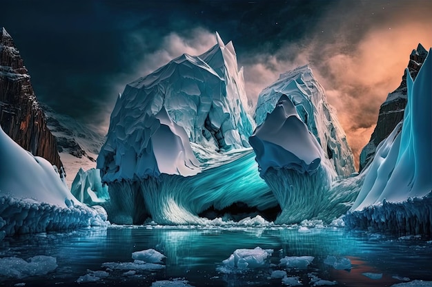 An iceberg with a cloudy sky and a blue iceberg