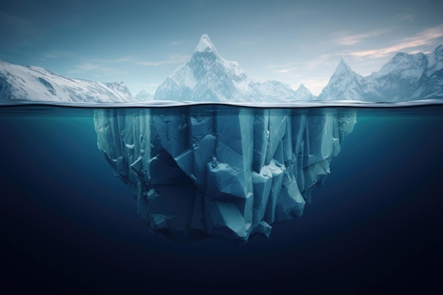 Iceberg with hidden part under water in ocean Concept of global warming Hidden threat and danger