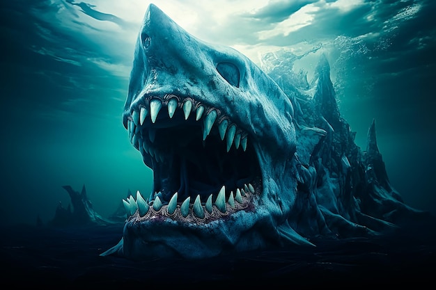 ゼナ・ホロウェイのスタイルで海の背景に歯を持つ氷山のプレミアム写真