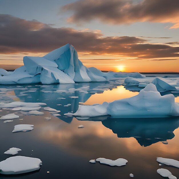 an iceberg with the sun setting behind it