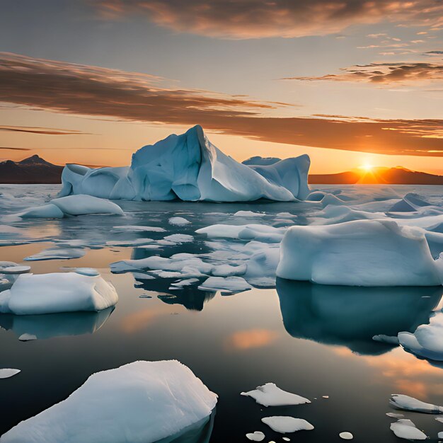 an iceberg with a sunset in the background