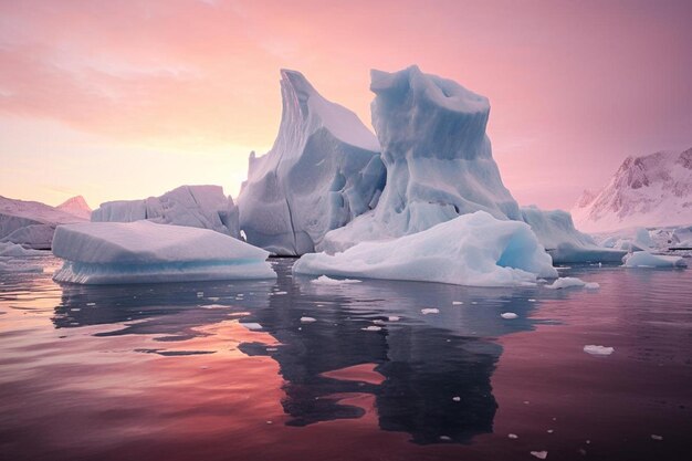 Icebergs are floating in the water with the sun setting behind them.