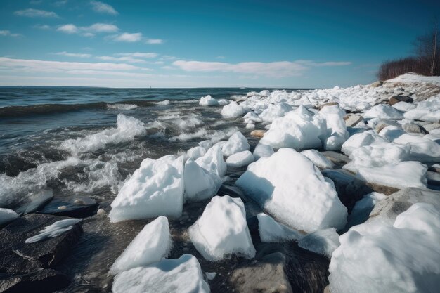 Icebergs on the beach in the winter