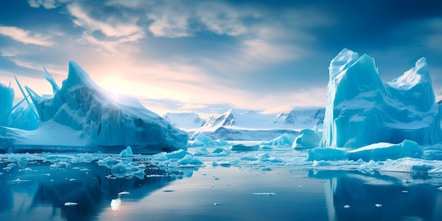 Icebergs breaking apart in the arctic emphasizing the impact of melting polar ice on rising sea levels