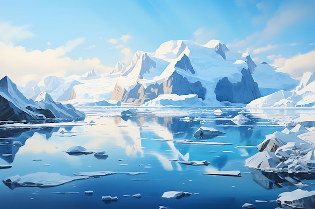 Айсберги, плавающие в океане Зимний пейзаж 3D-рендеринг