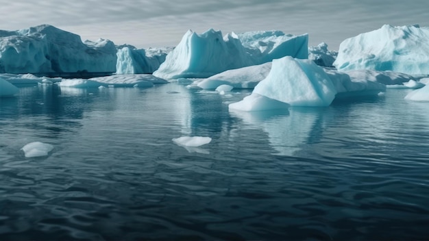 Icebergs floating in the ocean with a cloudy sky in the background.