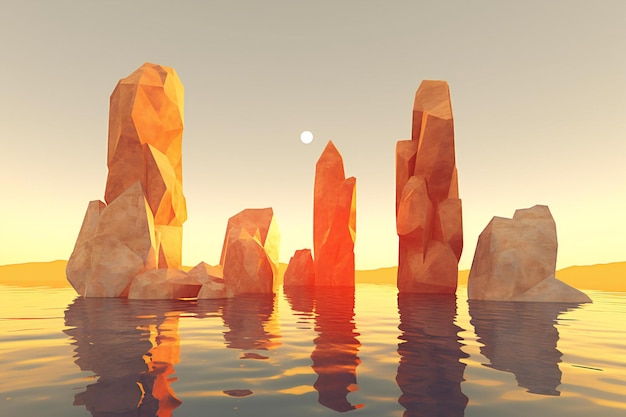 Айсберги, плавающие в море при заходе солнца