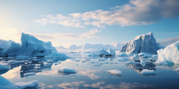 Icebergs floating on the water at sunset 3d rendering