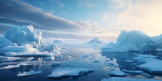 Icebergs floating on the water at sunset 3d rendering