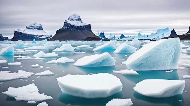 Icebergs floating in the water with mountains in the background