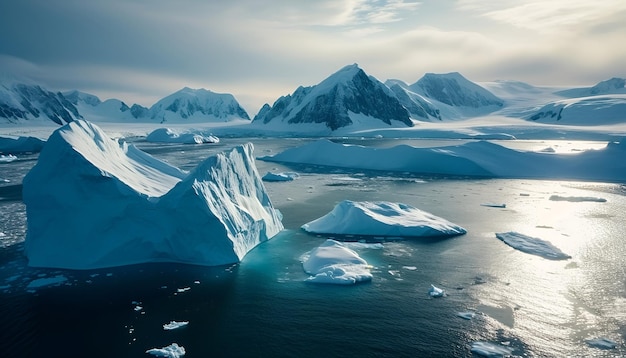 Icebergs in Greenland in the soft daylight top view