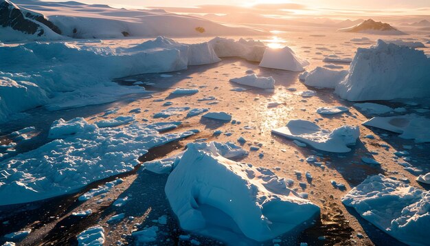 Icebergs in Greenland in the soft sunset light top view