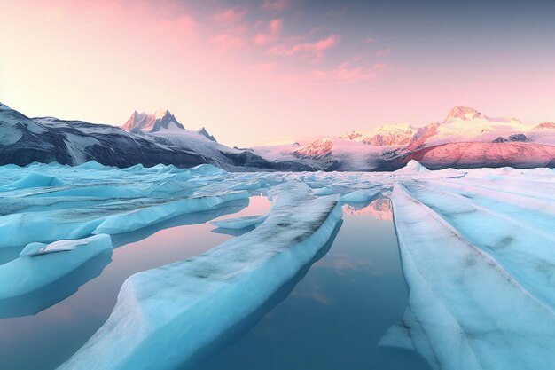 Icebergs in the lake at sunset