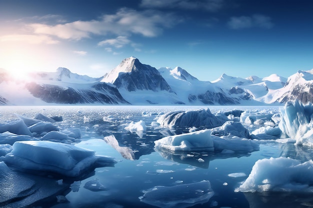 Icebergs in the ocean against the background of the mountains