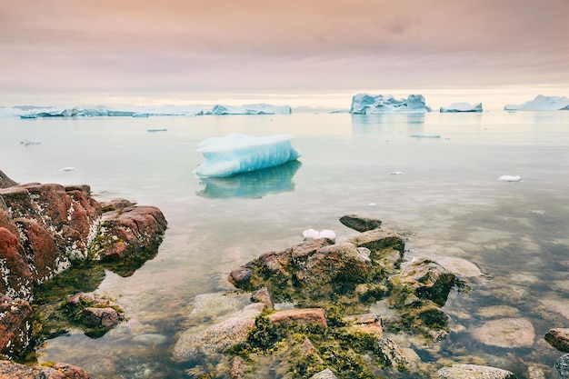 Icebergs on the shore of Atlantic ocean, Saqqaq village, western Greenland