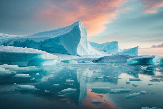 Icebergs at sunset in the arctic landscape