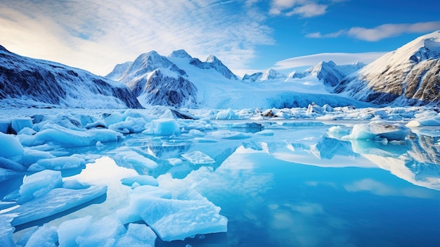 Icebergs in the water with mountains in the background