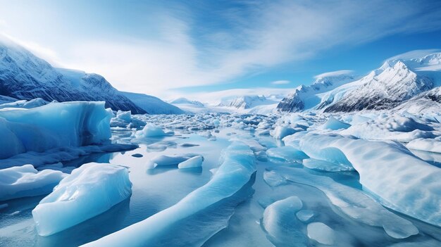 Icebergs in the water with mountains in the background