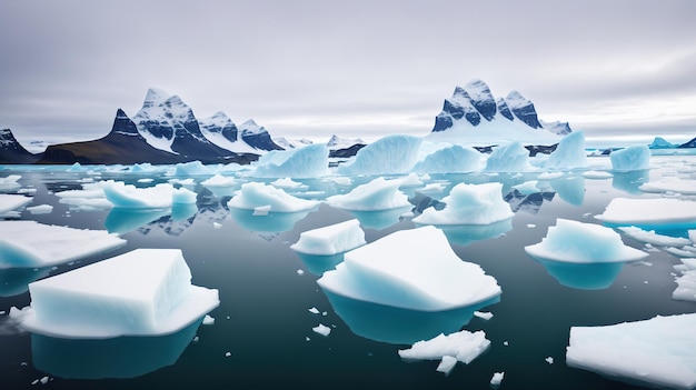 Icebergs in the water with mountains in the background