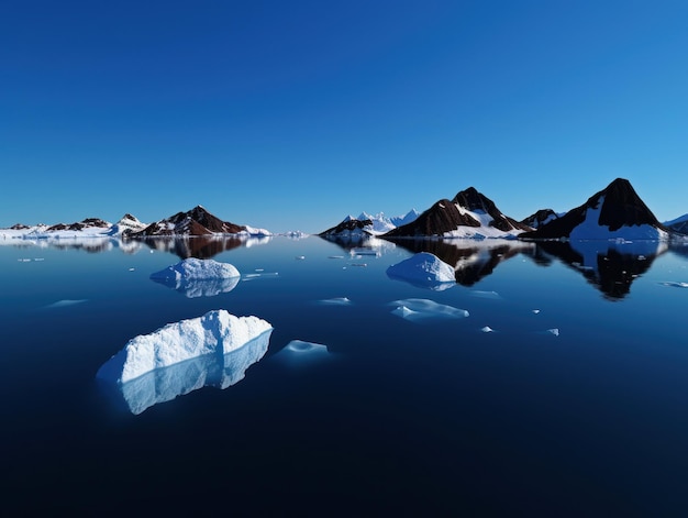 Айсберги в воде с горами на заднем плане