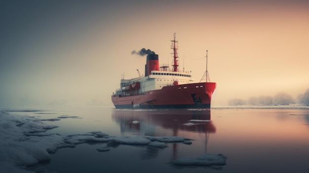 Icebreaker gaat op zee tussen het blauwe ijs