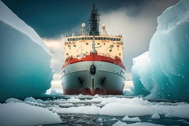 Icebreaker head with anchor leaving port to deliver goods by sea