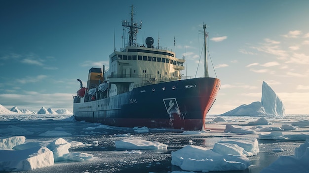 Корабль-ледокол в арктическом море ночью сгенерировал изображение ai