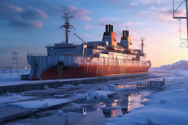 Icebreaker ship frozen near a deserted station created with generative ai