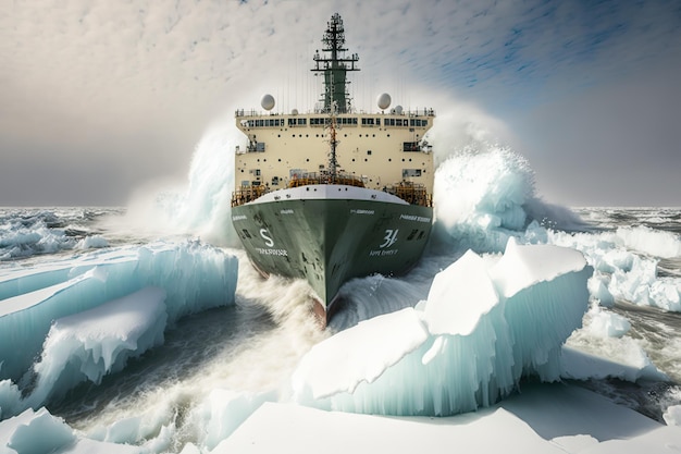 Foto la nave rompighiaccio si fa strada attraverso lastre di ghiaccio nel mare artico