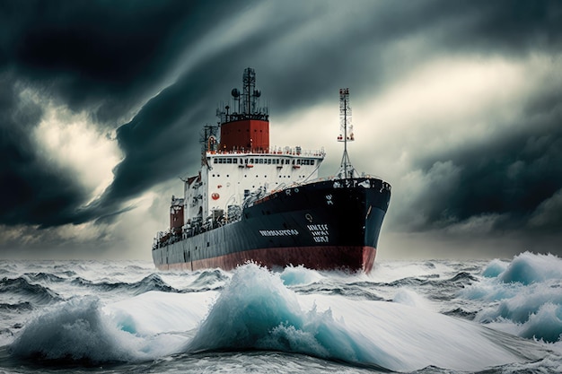 Icebreaker tanker high seas against backdrop stormy sky