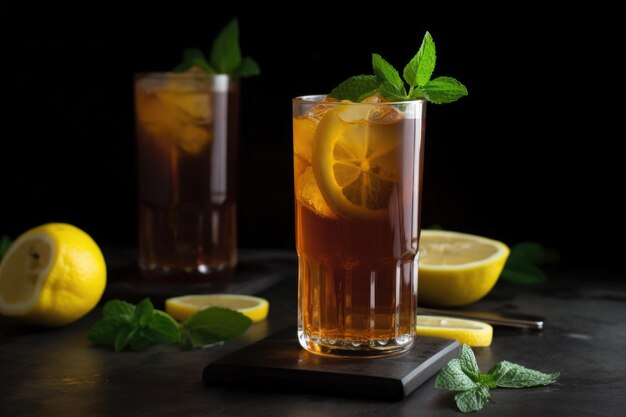 Icecold iced tea in tumbler with lemon wedge and mint created with generative ai