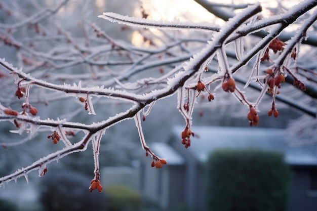 생성 AI로 생성된 얼어붙은 비 후 얼음으로 뒤덮인 나뭇가지
