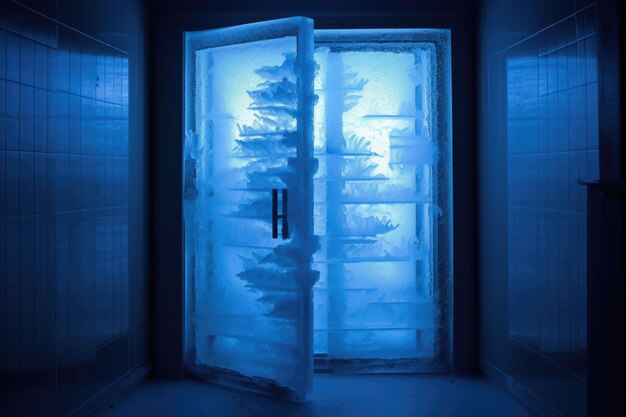 Photo icecovered cryotherapy chamber door in dim light created with generative ai