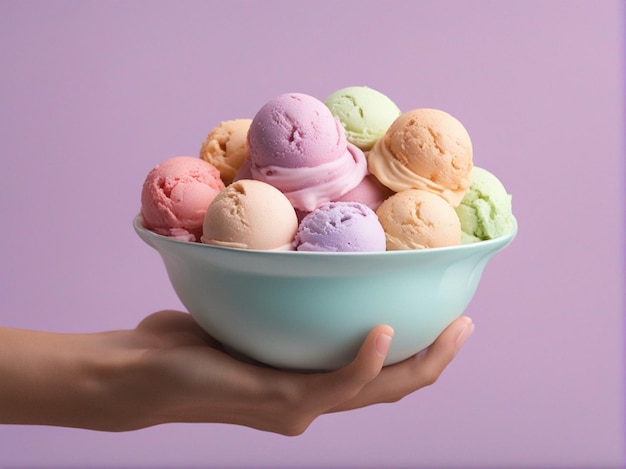 A icecream bowl in hand pastel color background