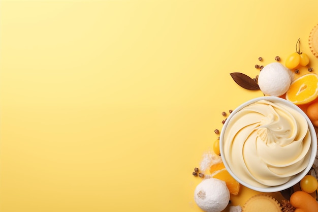 icecream and canndy on blurred soft yellow and white color background for cooking and sweets design