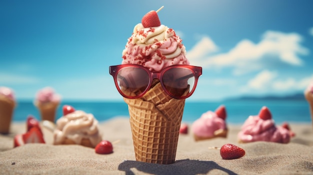 아이스크림을 입고 선글라스를 입고 고립된 배경 여름