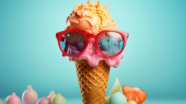 Photo icecream wearing sun glasses isolated background summer