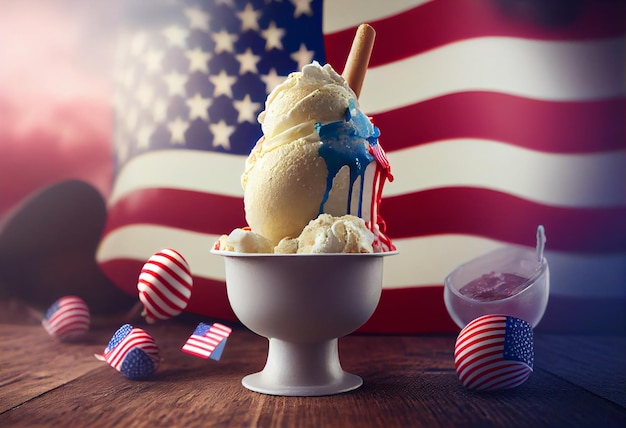 アメリカ国旗の背景を持つアイスクリーム