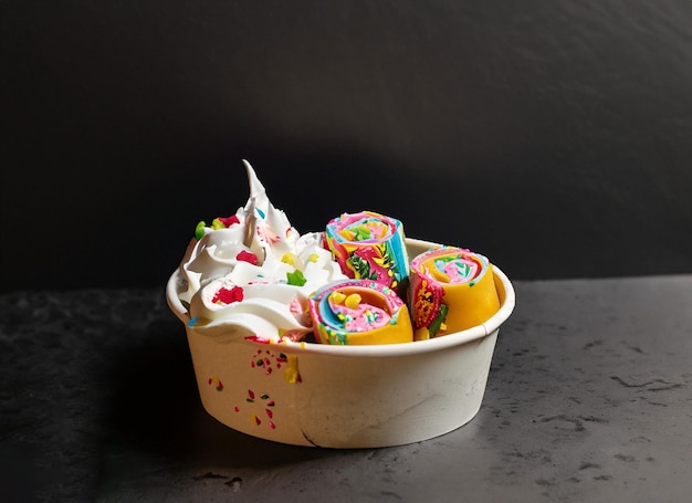 Рулет с мороженым, посыпанный разноцветной крошкой в картонной миске
