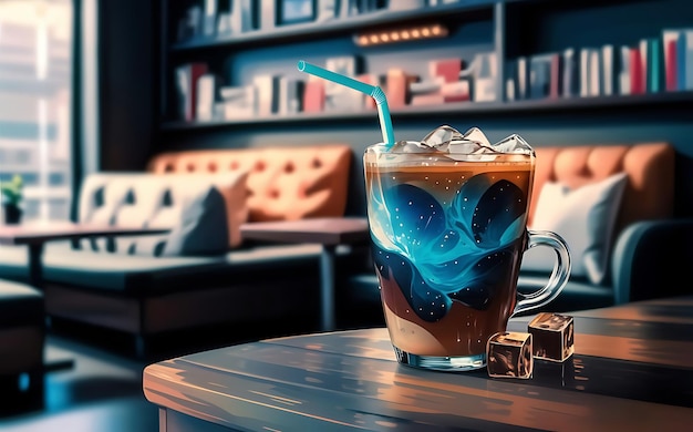 アイスコーヒー (Iced coffee) アイスコーヒーはコーヒーショップの青い抽象的なスタイルのテキストを置くためのスペースで人気のリラックスコーナーがあります