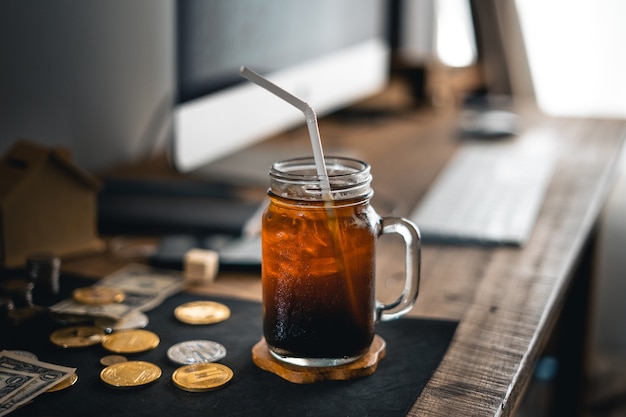 Iced Americano iced latte on table in home