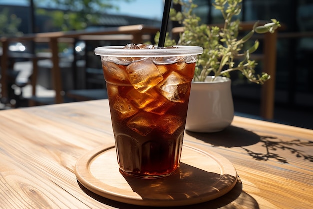 Ледяной американо в стакане с соломинкой выглядит свежо в солнечный день в кафе