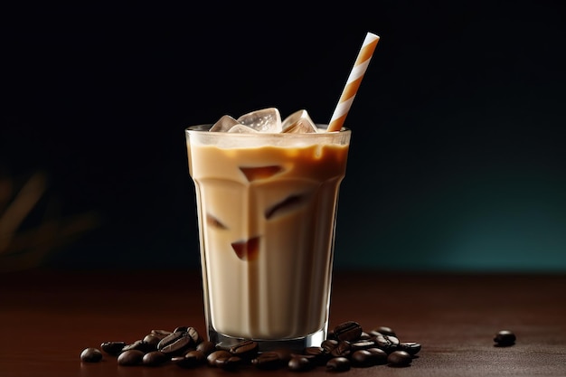 Iced black coffee in a tall glass with cream or milk poured over and splash