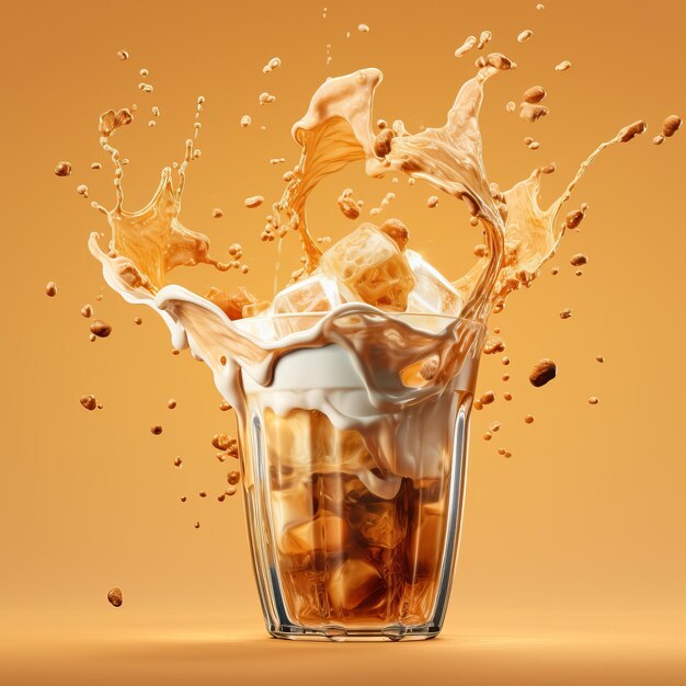 Iced black coffee in a tall glass with cream or milk poured over and splash