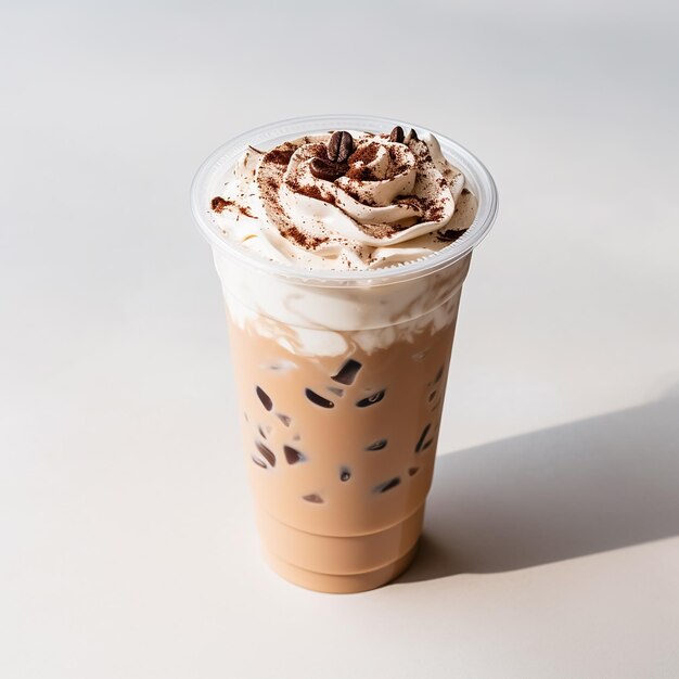 Iced blended chocolate black forest inside a plastic coffee cup high angle of product photo